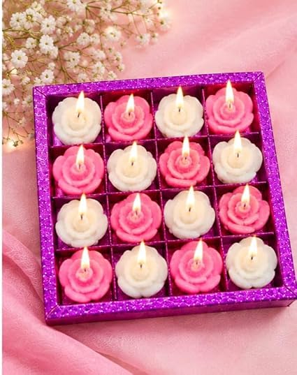 Small Flower Shaped Tealight Candles Set of 16, Pink & White Rose Design Decorative Candles for Diwali