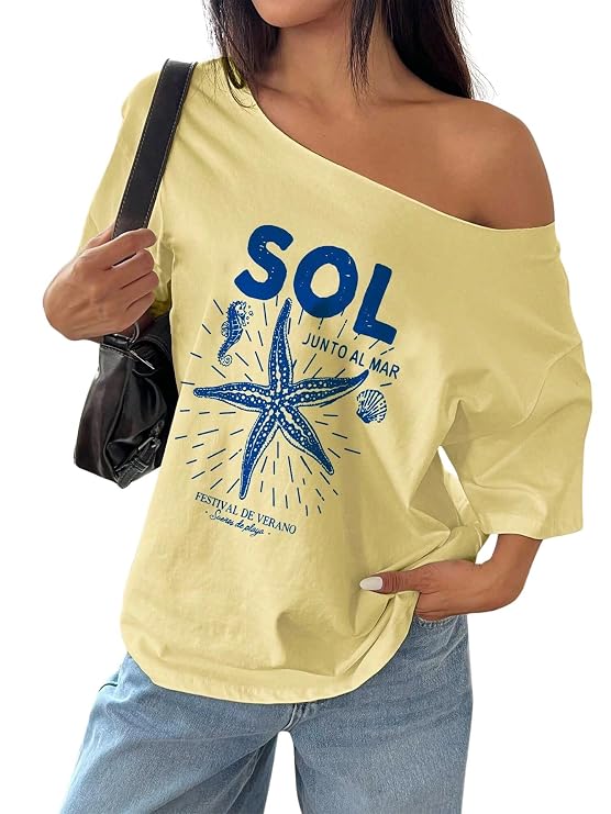 SXV Style SOL Women Summer Loose Asymmetrical Neck Cocktail Fruit Orange Y2K Graphic Oversized T-Shirt